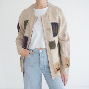 Vintage Croft Barrow Beige Patch Scenic Cabin Forest Zip Cardigan Sweater L